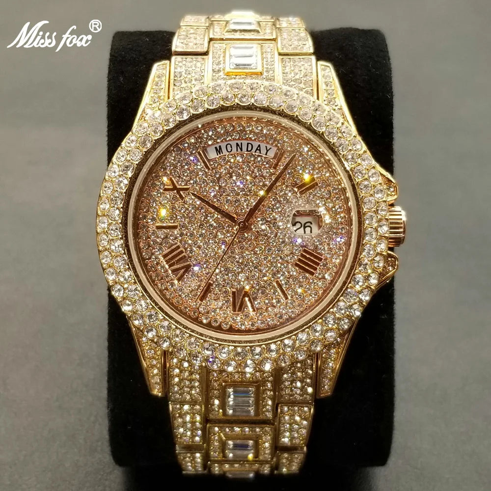 Full Iced Out Watch For Men Luxury Gold Hip Hop Diamond Quartz Mens Watches Waterproof Day Date Clock Best Selling Product 2023