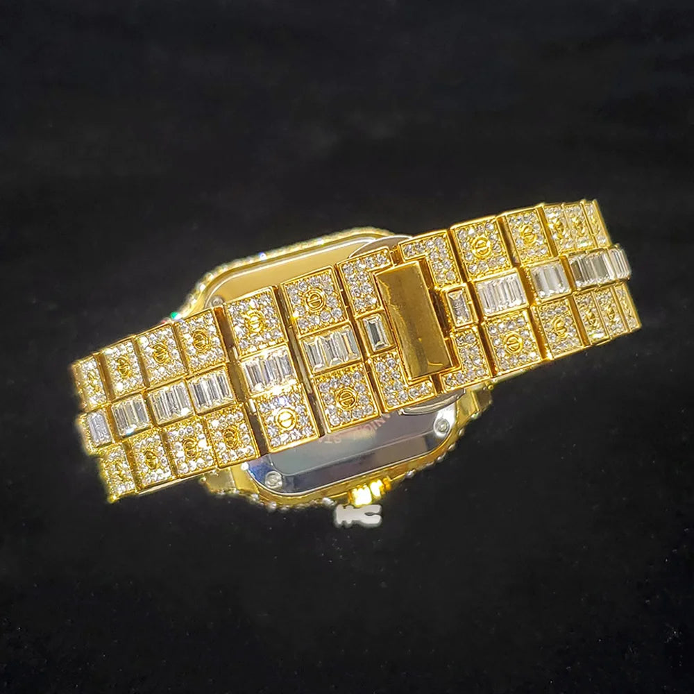 Luxury Diamond Watch for Men Hip Hop Style Bling Bling Iced Out Wristwatch Fashion Square Stainless Steel Waterproof Clock 2024