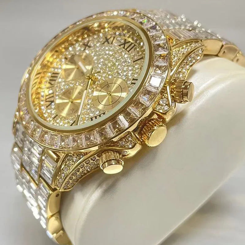 Top Luxury Iced Watch For Men Brand MISSFOX Fashion Rainbow Square Diamond ClockHip Hop Jewelry Rose Quartz Wristwatch Man Reloj