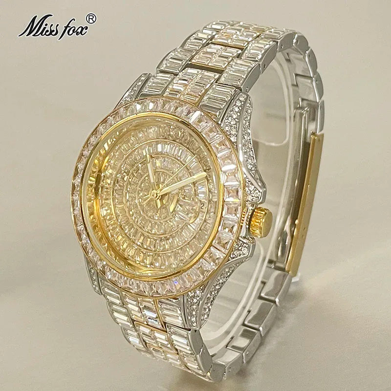 Fashion Men's Iced Out Watches Brand MISSFOX Luxury Automatic Date Male Clock Hip Hop Big Square Diamond Bling Wristwatch Reloj