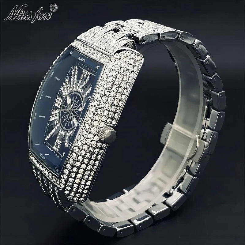 2022 MISSFOX Luxury Mens Watches Fashion Hip Hop Iced Diamond Waterproof Tonneau AAA Quartz Wristwatch Male Reloj Free Shipping