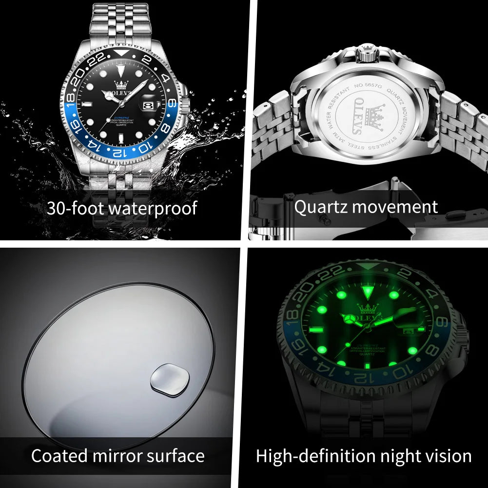OLEVS Luxury Top Brand Original Quartz Mens Watches Stainless Steel Waterproof Luminous Auto Date Hand Clock for Man Trendy 5657