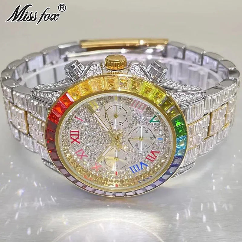 Top Luxury Iced Watch For Men Brand MISSFOX Fashion Rainbow Square Diamond ClockHip Hop Jewelry Rose Quartz Wristwatch Man Reloj
