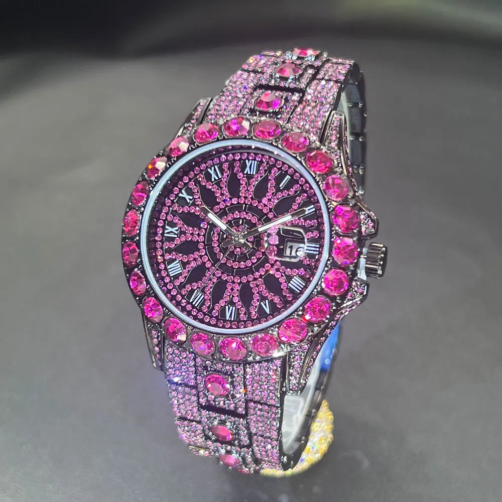 MISSFOX Fashion lced Out Silver Mens Watch Luxury Calendar Waterproof Watch For Man Hip Hop High Quality Big Diamond Wristwatch