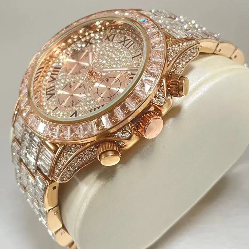 Top Luxury Iced Watch For Men Brand MISSFOX Fashion Rainbow Square Diamond ClockHip Hop Jewelry Rose Quartz Wristwatch Man Reloj