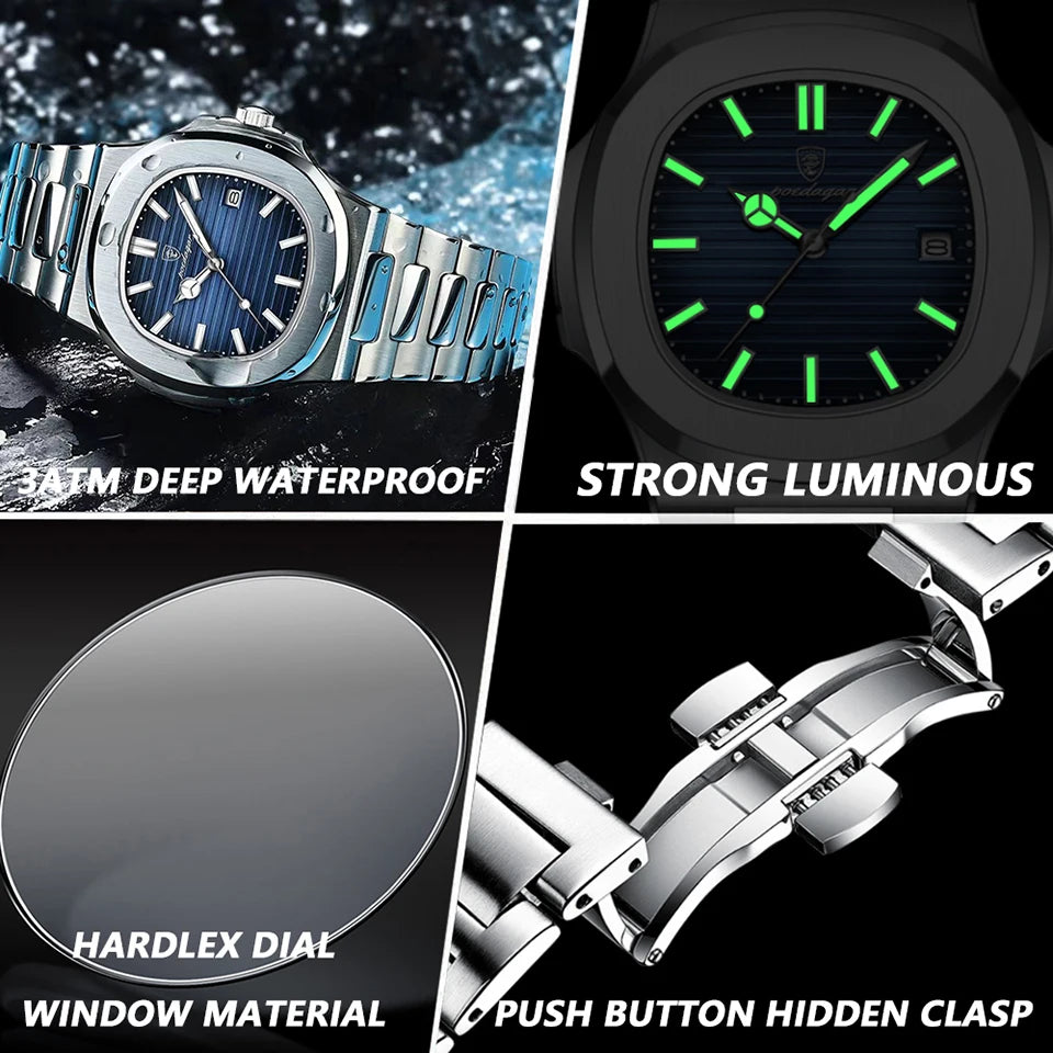 POEDAGAR Luxury Watch Business 50 ATM Waterproof Male Clock Luminous Date Stainless Steel Square Quartz Men Watches reloj hombre