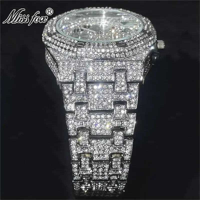 Fashion Brand MISSFOX Luxury Watches Men Automatic Date Waterproof Quartz Clock Hip Hop Iced Diamond Jewelry WristWatch Man 2023