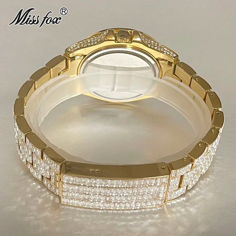 Fashion Men's Iced Out Watches Brand MISSFOX Luxury Automatic Date Male Clock Hip Hop Big Square Diamond Bling Wristwatch Reloj