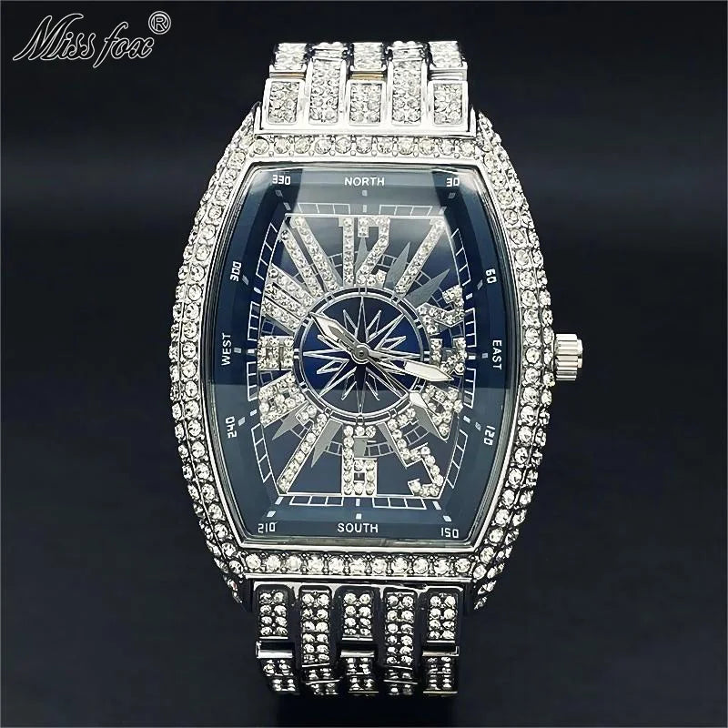 2022 MISSFOX Luxury Mens Watches Fashion Hip Hop Iced Diamond Waterproof Tonneau AAA Quartz Wristwatch Male Reloj Free Shipping