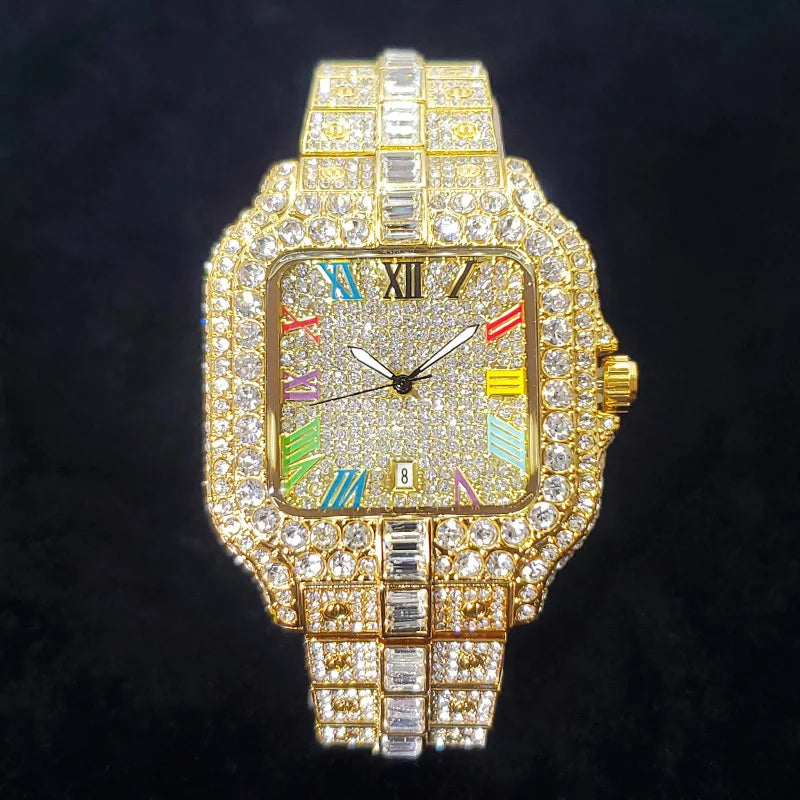 UNIGUET Luxury Diamond Quartz Watch for Men Rainbow Dial  Calendar Hip Hop Iced Out Gold Wristwatch Mens Fashion Accessory 2025