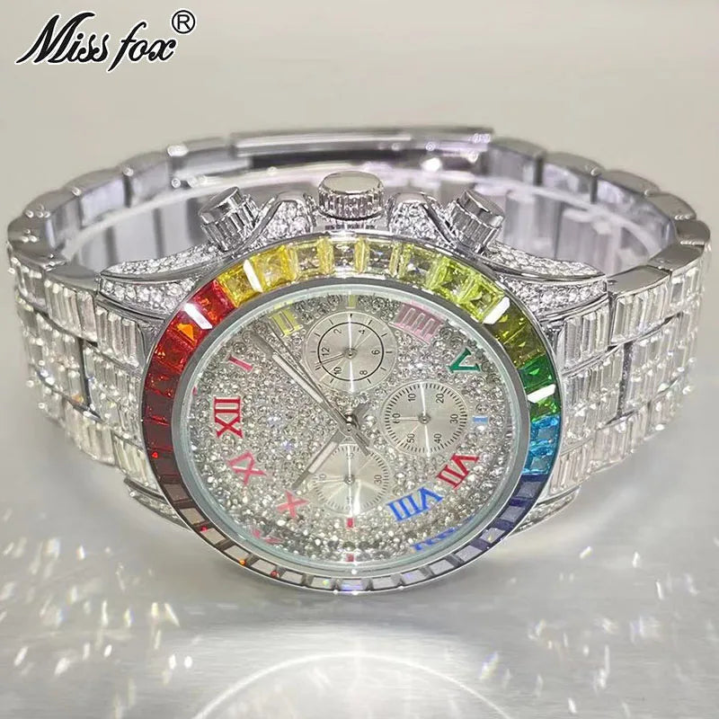 Top Luxury Iced Watch For Men Brand MISSFOX Fashion Rainbow Square Diamond ClockHip Hop Jewelry Rose Quartz Wristwatch Man Reloj