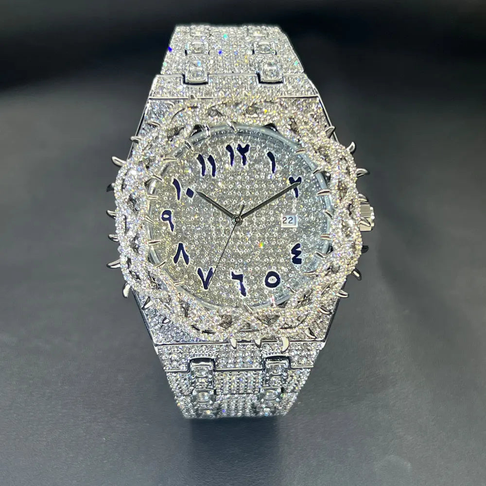 Hot Fashion Full Diamond Watch Men MISSFOX Brand Hip Hop lced Qut Bling Jewelry Flower Quartz Wristwatch For Man Dropshipping