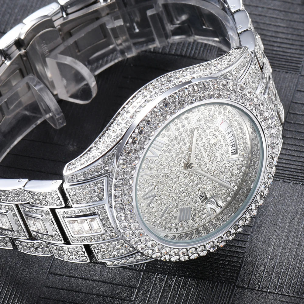 Full Iced Out Watch For Men Luxury Gold Hip Hop Diamond Quartz Mens Watches Waterproof Day Date Clock Best Selling Product 2023