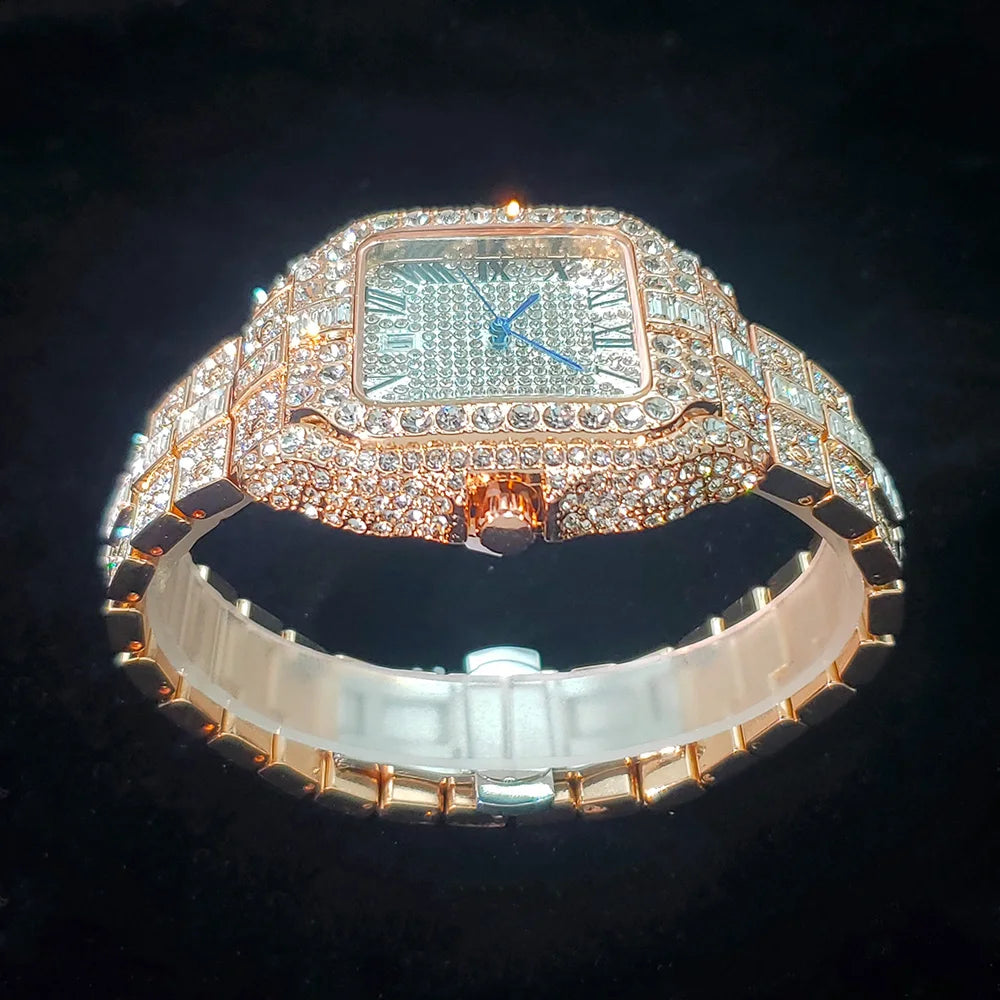 Luxury Diamond Watch for Men Hip Hop Style Bling Bling Iced Out Wristwatch Fashion Square Stainless Steel Waterproof Clock 2024