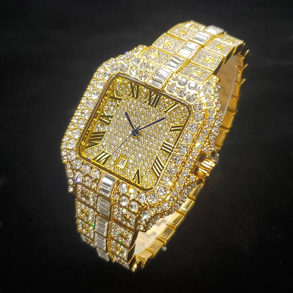Luxury Diamond Watch for Men Hip Hop Style Bling Bling Iced Out Wristwatch Fashion Square Stainless Steel Waterproof Clock 2024