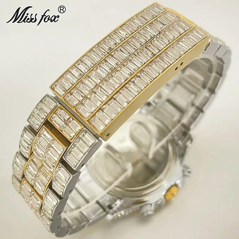 Top Luxury Iced Watch For Men Brand MISSFOX Fashion Rainbow Square Diamond ClockHip Hop Jewelry Rose Quartz Wristwatch Man Reloj