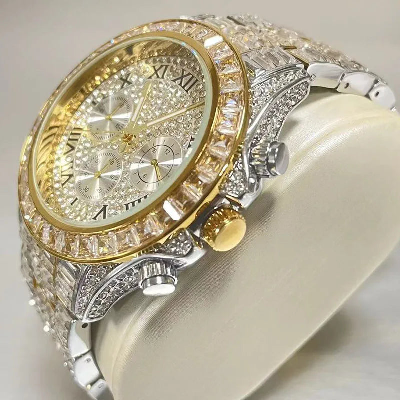 Top Luxury Iced Watch For Men Brand MISSFOX Fashion Rainbow Square Diamond ClockHip Hop Jewelry Rose Quartz Wristwatch Man Reloj