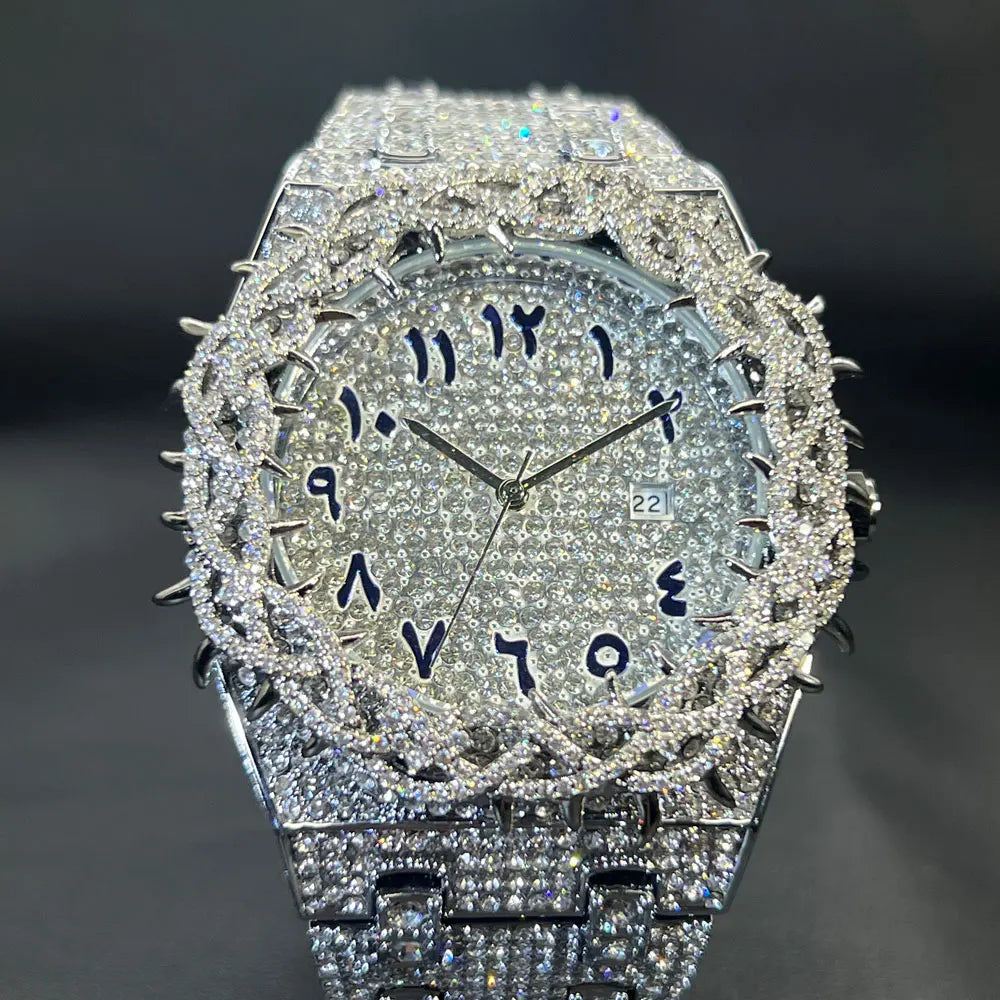 Hot Fashion Full Diamond Watch Men MISSFOX Brand Hip Hop lced Qut Bling Jewelry Flower Quartz Wristwatch For Man Dropshipping