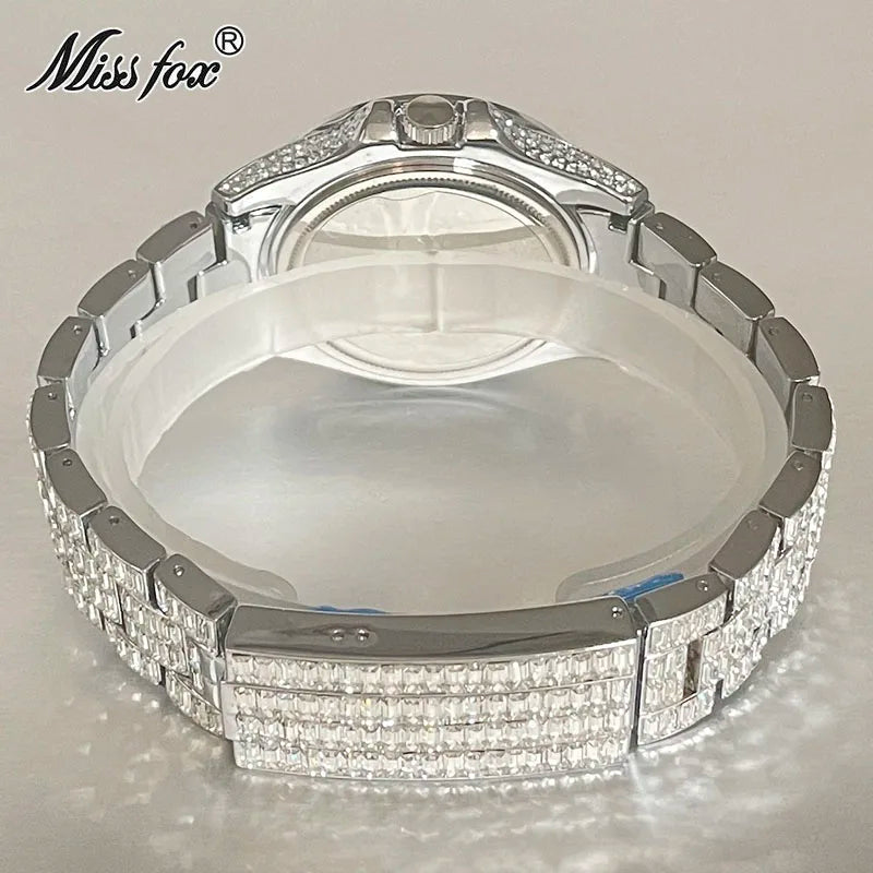 Fashion Men's Iced Out Watches Brand MISSFOX Luxury Automatic Date Male Clock Hip Hop Big Square Diamond Bling Wristwatch Reloj