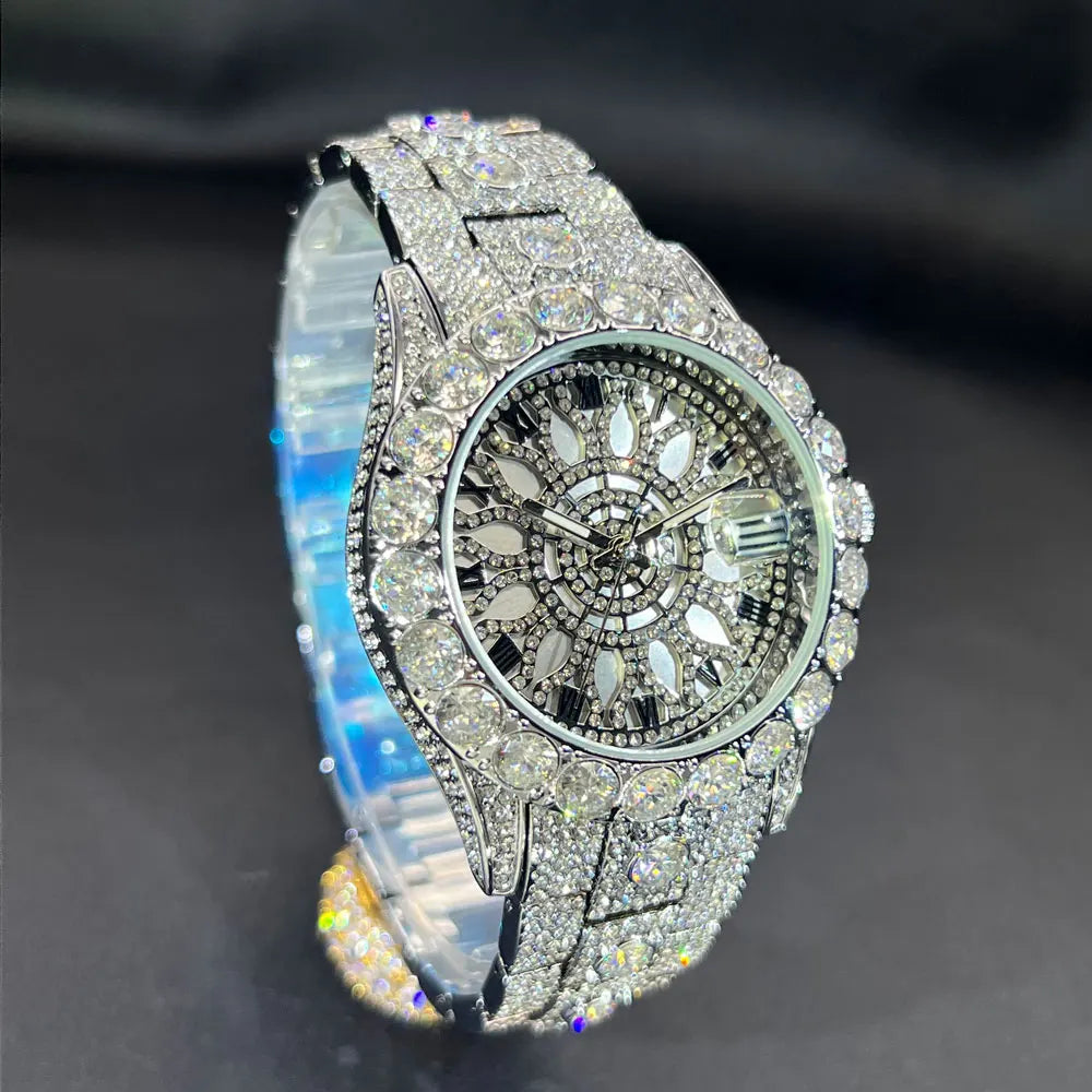 MISSFOX Fashion lced Out Silver Mens Watch Luxury Calendar Waterproof Watch For Man Hip Hop High Quality Big Diamond Wristwatch