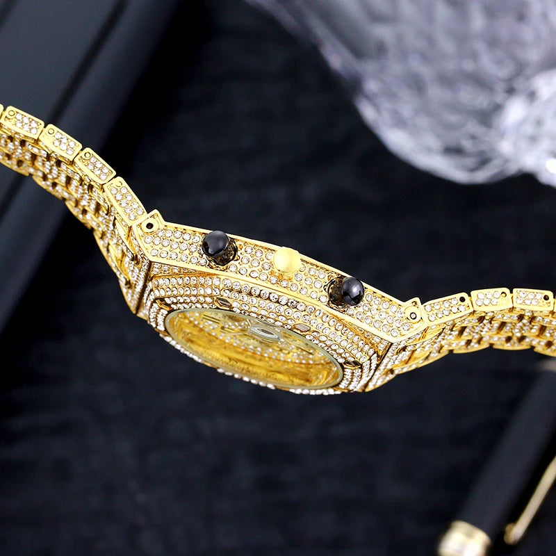 Fashion Brand MISSFOX Luxury Watches Men Automatic Date Waterproof Quartz Clock Hip Hop Iced Diamond Jewelry WristWatch Man 2023