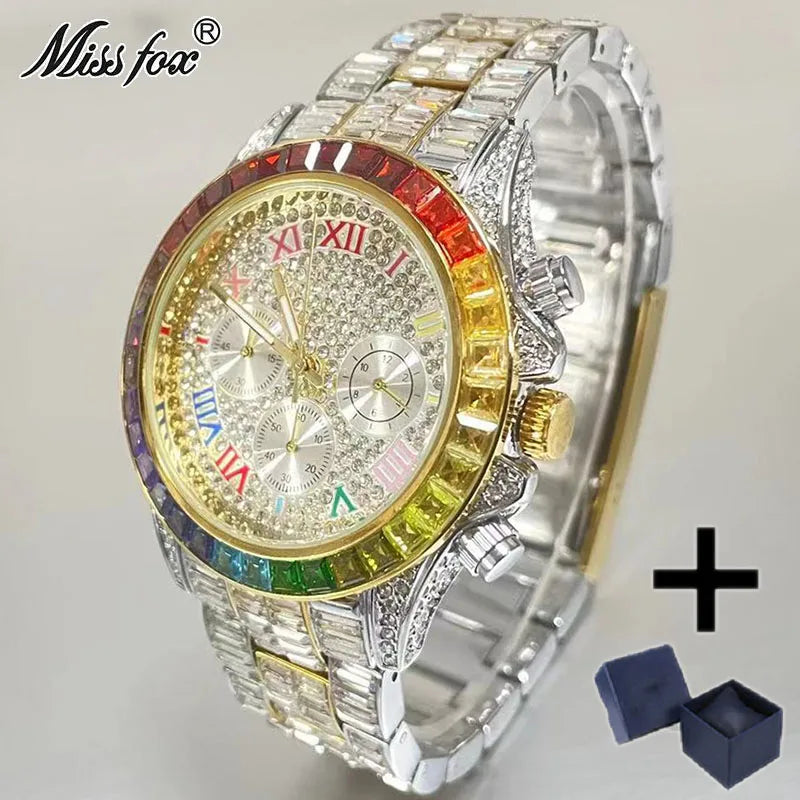 Top Luxury Iced Watch For Men Brand MISSFOX Fashion Rainbow Square Diamond ClockHip Hop Jewelry Rose Quartz Wristwatch Man Reloj