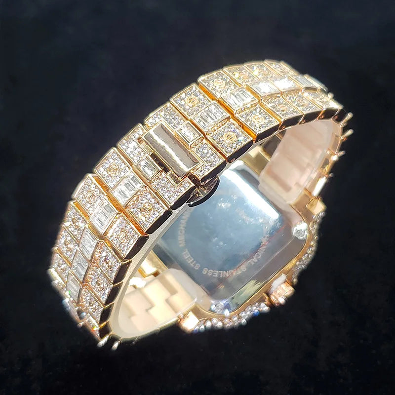 UNIGUET Luxury Diamond Quartz Watch for Men Rainbow Dial  Calendar Hip Hop Iced Out Gold Wristwatch Mens Fashion Accessory 2025