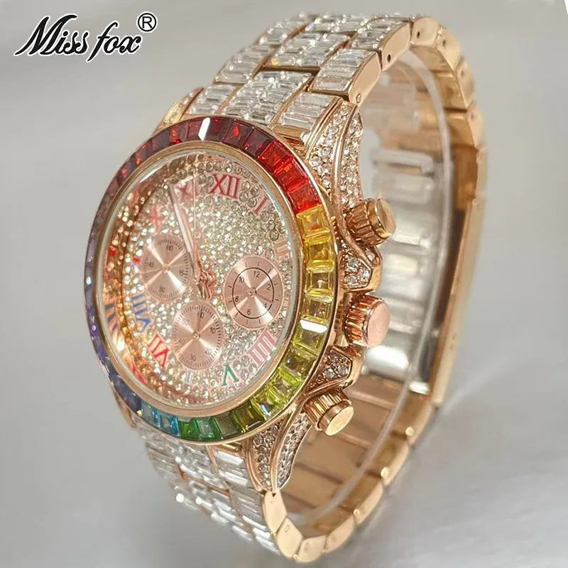 Top Luxury Iced Watch For Men Brand MISSFOX Fashion Rainbow Square Diamond ClockHip Hop Jewelry Rose Quartz Wristwatch Man Reloj