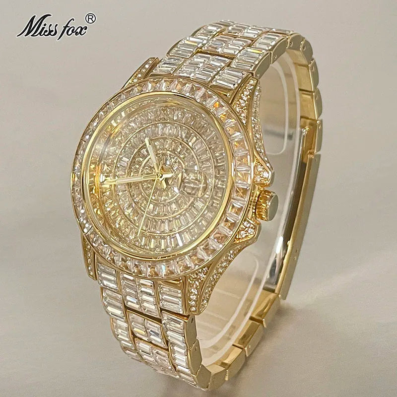 Fashion Men's Iced Out Watches Brand MISSFOX Luxury Automatic Date Male Clock Hip Hop Big Square Diamond Bling Wristwatch Reloj